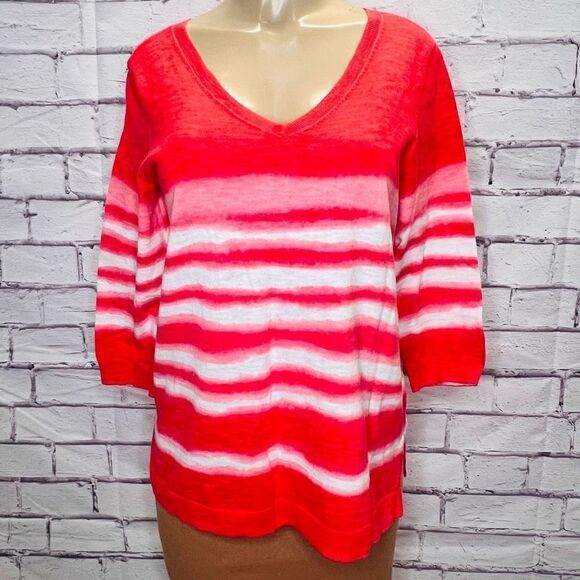 Talbots Womens Red Linen Blend Tie Dyed Striped V-Neck 3/4 Sleeve Top Medium - Picture 1 of 5
